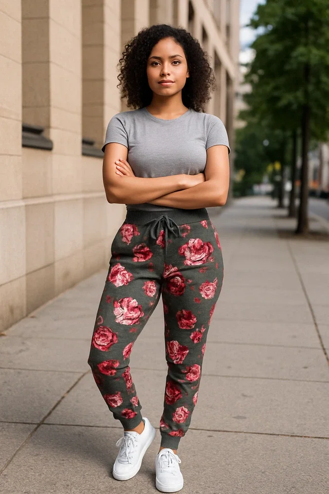 Lit26 Fleece Jogger Pants Black Pink Rose Print Large - Picture 1 of 6